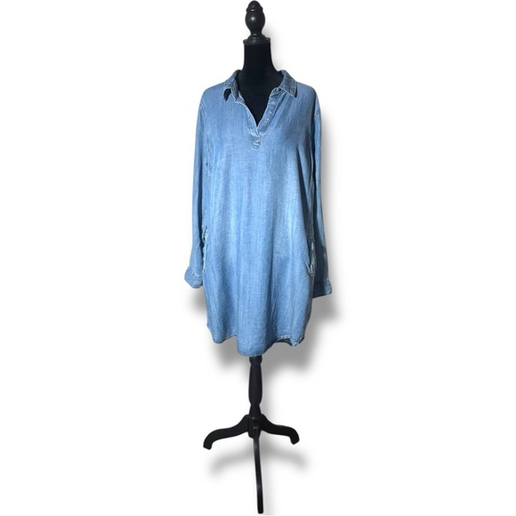 Velvet Heart NWT Blue Denim Cuffed Sleeve Collared Loose V-Neck Mini Shirt Dress - Picture 2 of 16